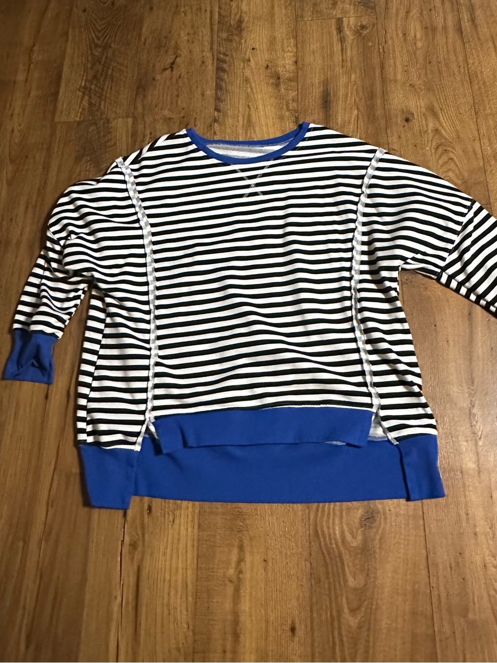 Striped Black & White Tunic with Blue Trim - Women's Top